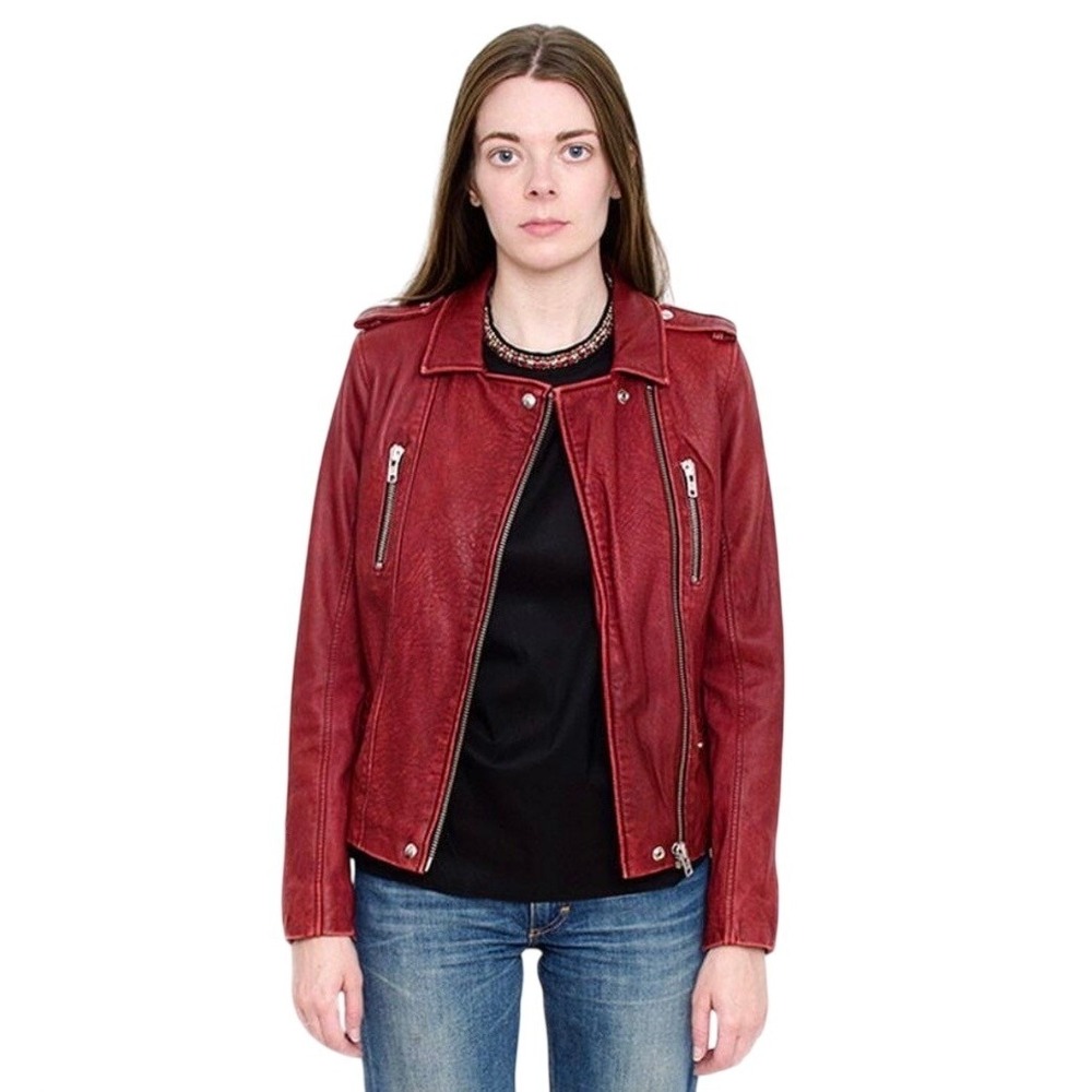 IRO Barby Moto Jacket Lamb‎ Leather Asymmetric Zip Burgundy Red 3 Medium 38